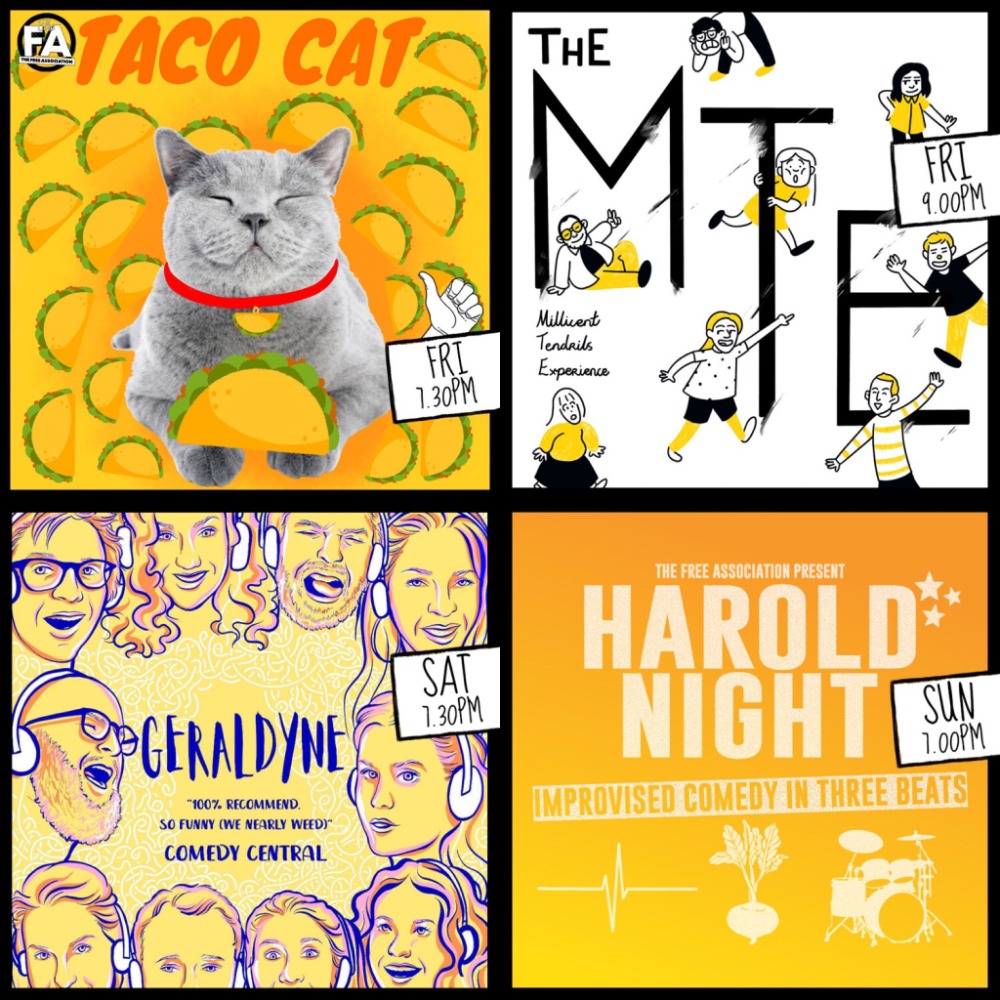 This weekend at the FA! 🎉 

🌮🔮 Fri: reversible improv in TACO CAT and Tarot-prov from THE MILLICENT TENDRILS EXPERIENCE (see both for £10!)
🎶 Sat: special guests <a href="/geraldyneimprov/">GERALDYNE</a>
🚀 Sun: everyone's fave HAROLD NIGHT

Book here: thefreeassociation.co.uk/fa-shows