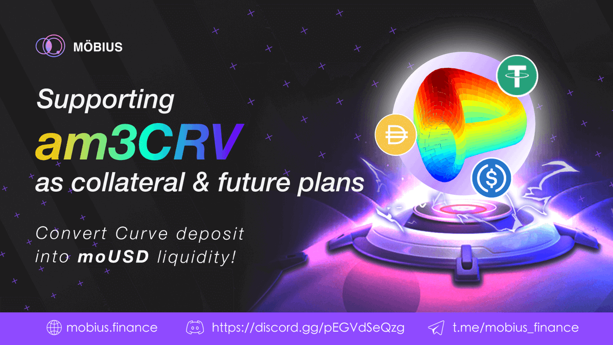 Mobius_Finance's tweet photo. Mobius officialy support am3CRV token of @CurveFinance Aave Pool as collateral ! Convert your deposit on Curve into moUSD liquidity now!
#DeFi #Blockchain #mobiusfinance
Check details about this and Mobius future plan in Medium:
https://t.co/LxP7o2uASm https://t.co/XqdOuRjzPv