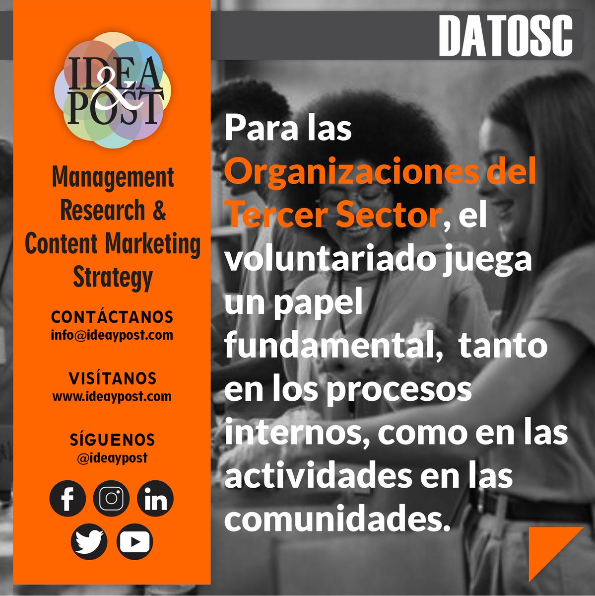ideaypost's tweet image. El voluntariado juega un rol fundamental en los diferentes procesos, que diariamente desarrollan las organizaciones del tercer sector. 

Síguenos en @ideaypost o visita nuestro #blog en ideaypost.com y conoce más #datosc del Tercer Sector.

#ideaypost #ong #osc #ods