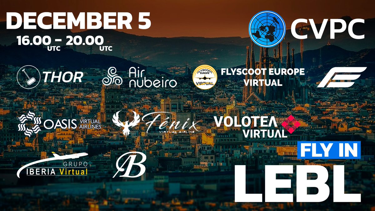 simulaci's tweet photo. ¡Evento "Fly in LEBL"!
Desde @simulaci ACSA anunciamos el primer evento junto otras aerolíneas virtuales organizado por @CVPC_AERO:
@ThorVirtual @airnubeirova @flyscootVAeu @OasisVirtual @VoloteaV @grupoiberiava @AirBilbaoVA @exuvirtual 
Conoce el evento : https://t.co/Yn7h7CX6Wy https://t.co/3NtX8zUweK
