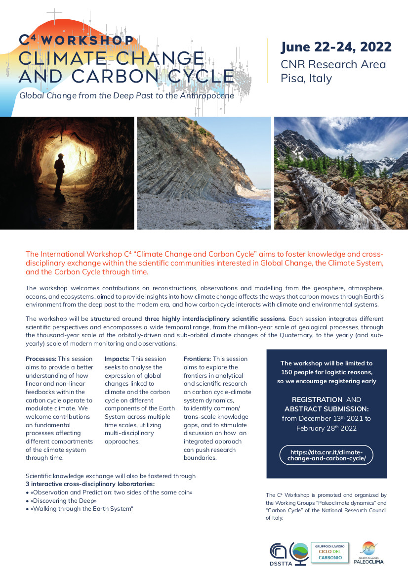 CNRDTA's tweet photo. 🆕 International C4 workshop Climate Change and Carbon Cycle - Global Change from the Deep Past to the Anthropocene SAVE THE DATE June 22-24, 2022, CNR Research Area, Pisa, Italy 
REGISTRATION will open soon https://t.co/wZSzz8RMJB ✍️

#CarboNetwork  #CNR_CarboNetwork https://t.co/jeeBWarGJP