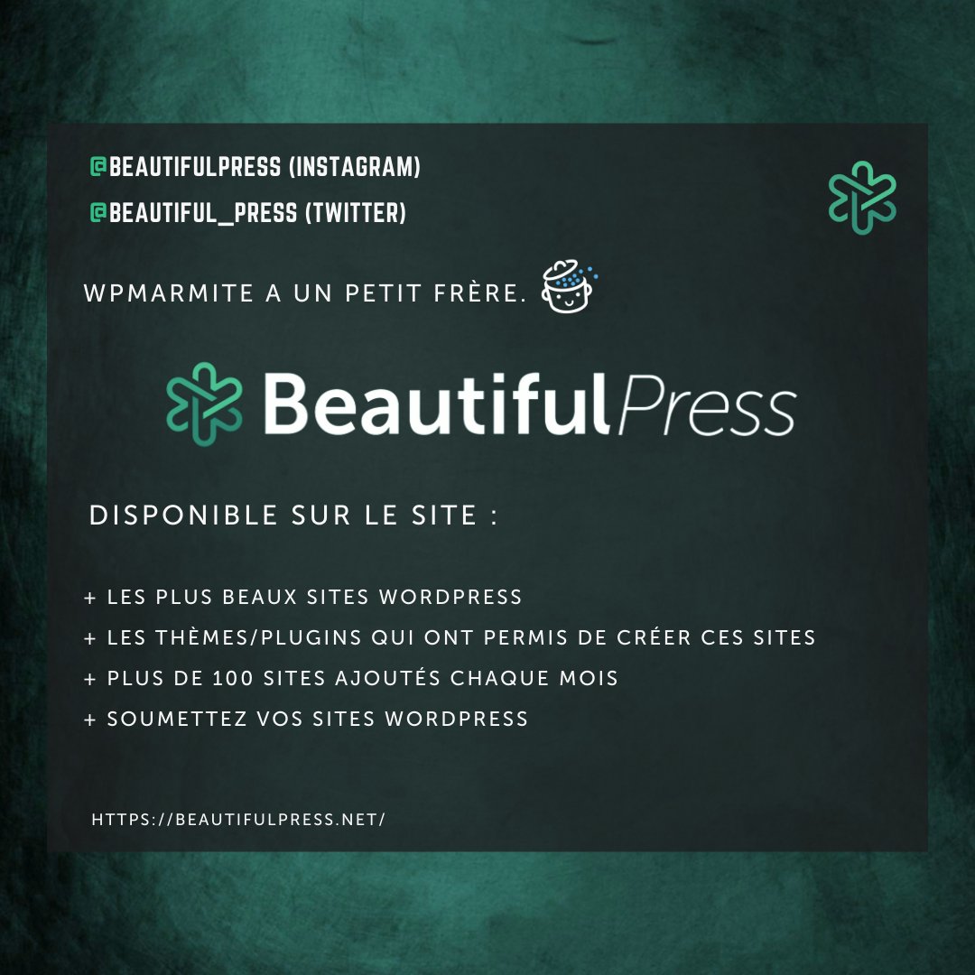 wpmarmite's tweet photo. WPMarmite est fier de vous présenter son petit frère : BeautifulPress. 
Sa mission est de mettre en valeur les meilleurs sites WordPress, classés par thème, plugin, police, fonctionnalité et secteur d’activité. 
https://t.co/iEzFYpms2M
@beautiful_press

#WordPress #BeautifulPress https://t.co/rU9ZyoZ4QF