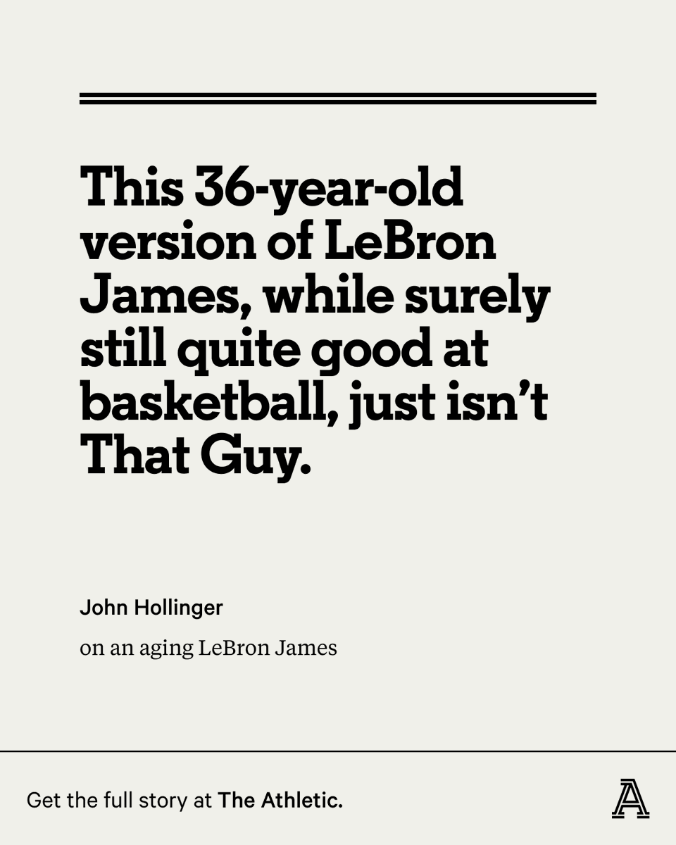 TheAthleticNBA's tweet photo. Can the Lakers count on LeBron to save the day?

Sunday night squashed that idea, @johnhollinger writes.

"He’s taking half as many free throws as he did a year ago, going to the basket far less and becoming increasingly reliant on 3s."

📚 https://t.co/kMZYSNwWbz https://t.co/n8DbIOGqkf