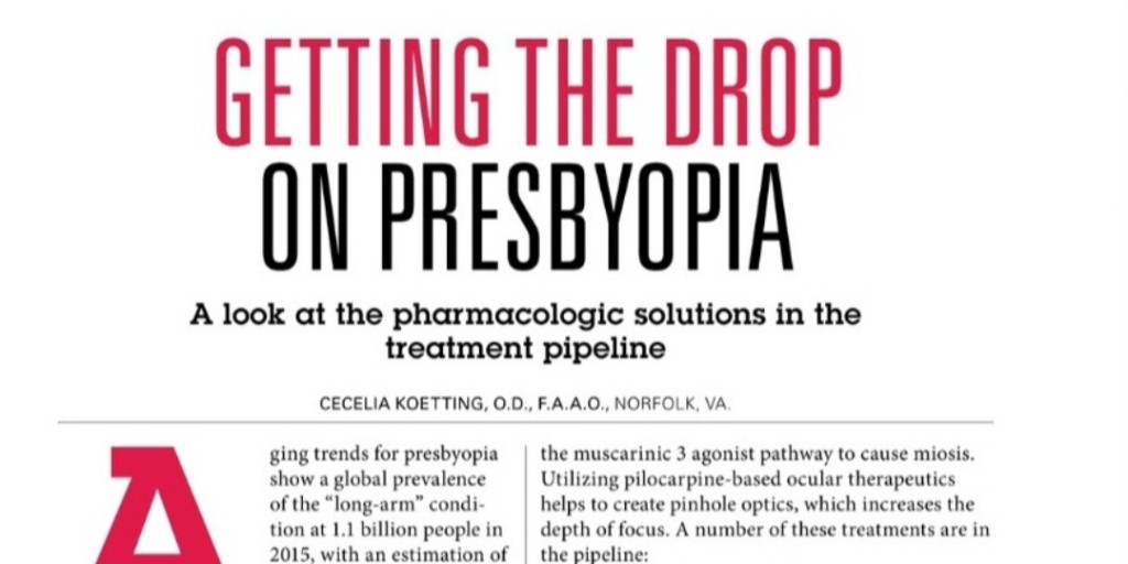 You don't want to miss 'Getting the Drop on Presbyopia' as #IntrepidEyeSociety member Dr. Cecelia Koetting, OD discusses pharmacologic solutions in the treatment pipeline!
 
Link: ow.ly/oKx250GSCu2
 
<a href="/OptoManagement/">OptometricManagement</a> 
#optometry #optometrist #intrepideyesociety #presbyopia