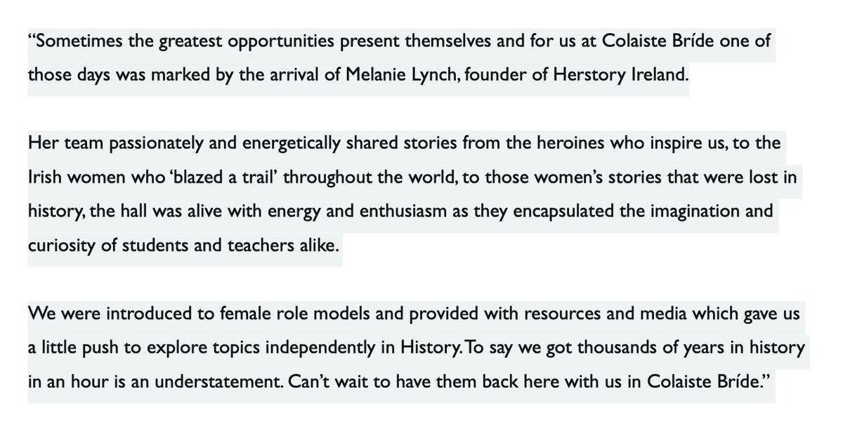 In 2020 Melanie and Katelyn gave a #Herstory talk to 1000 students at <a href="/Colaistebride/">Coláiste Bríde D22</a> and teacher <a href="/MrsOConnor2/">Mrs O</a> was impressed…