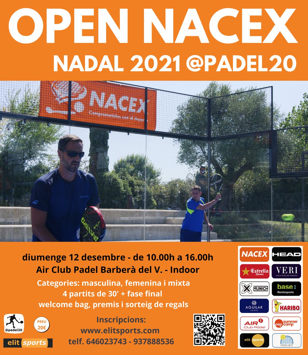 Inscripcions obertes🎾!
Open <a href="/nacex_/">Nacex</a> Nadal <a href="/padel20/">Padel 2.0</a> <a href="/elitsports/">elitsports</a>
➡️ Diumenge 12 desembre
📍 <a href="/airclubpadel/">AIRCLUBPADEL</a> Barberà del V.
🎾 Fase de grups (mínim 4 partits de 25'/30') + fase eliminatòria 
👕 Samarreta, welcome vagi, obsequis...
☎️ Info a 646 023 743 
elitsports.com/inscripcionacex