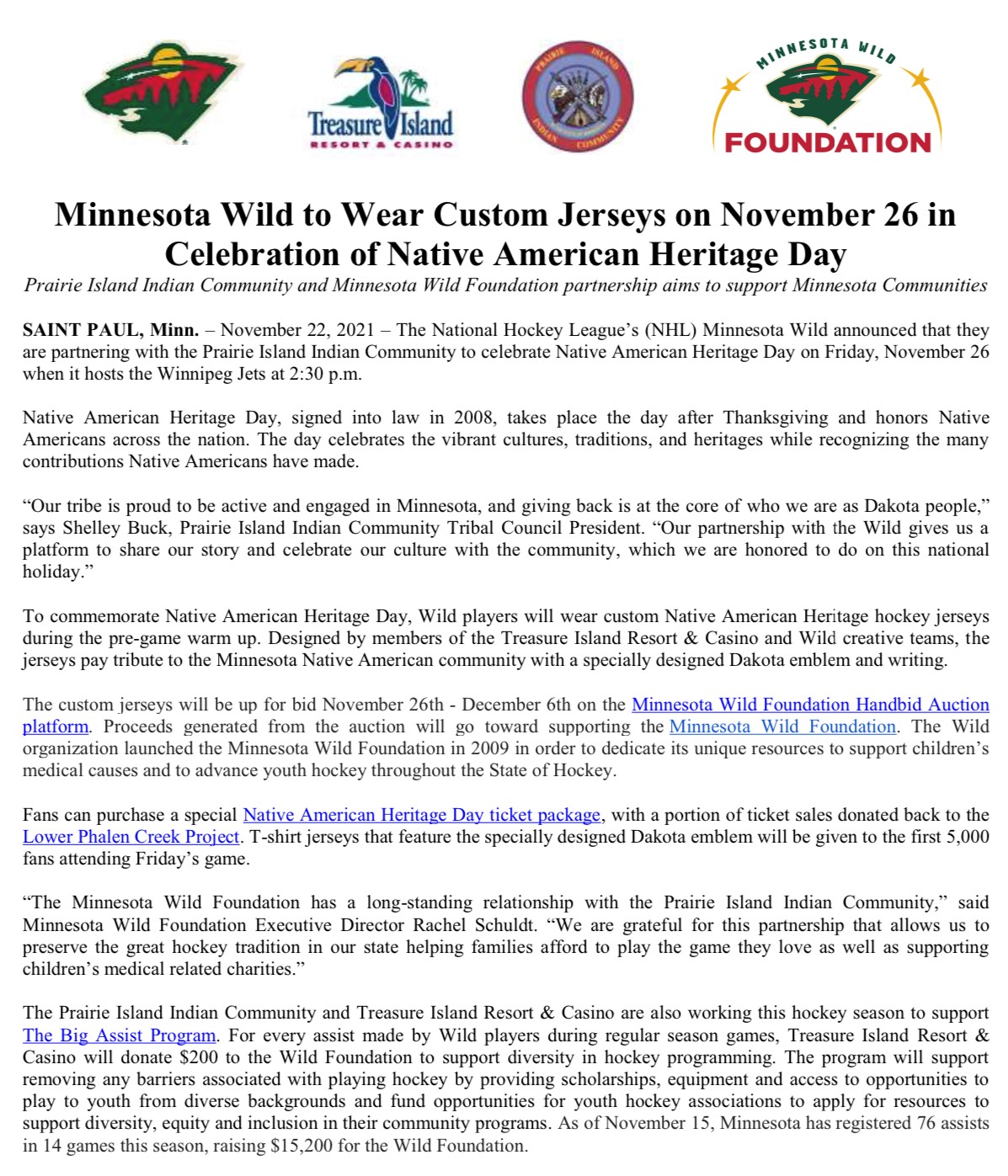 Minnesota Wild and Prairie Island Indian Community celebrate Native  American Heritage Day