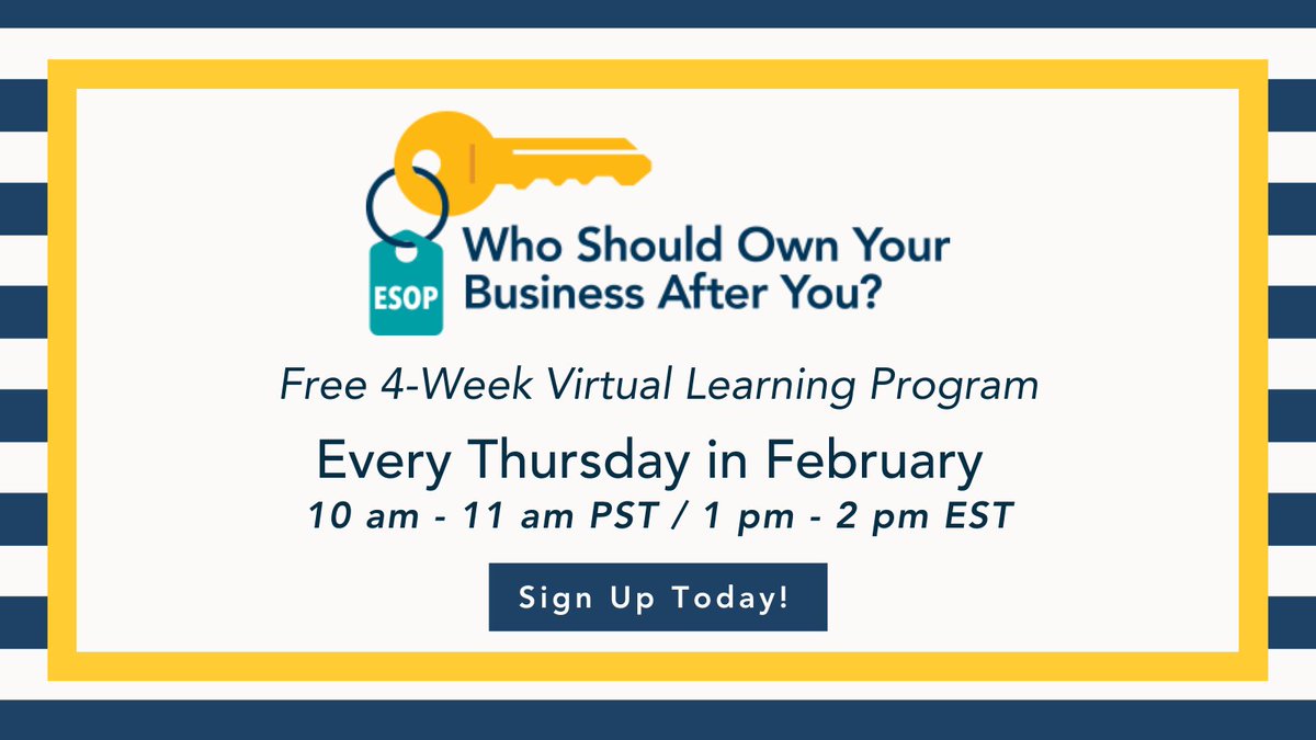 theNCEO's tweet photo. Explore entrusting the legacy of your business to your employees with employee ownership.  Join the NCEO in February for a 4-week virtual learning series that covers who should own your business after you.

This introductory series is FREE! Register today! https://t.co/5lcvzcMwKe https://t.co/fD7MpsirT5