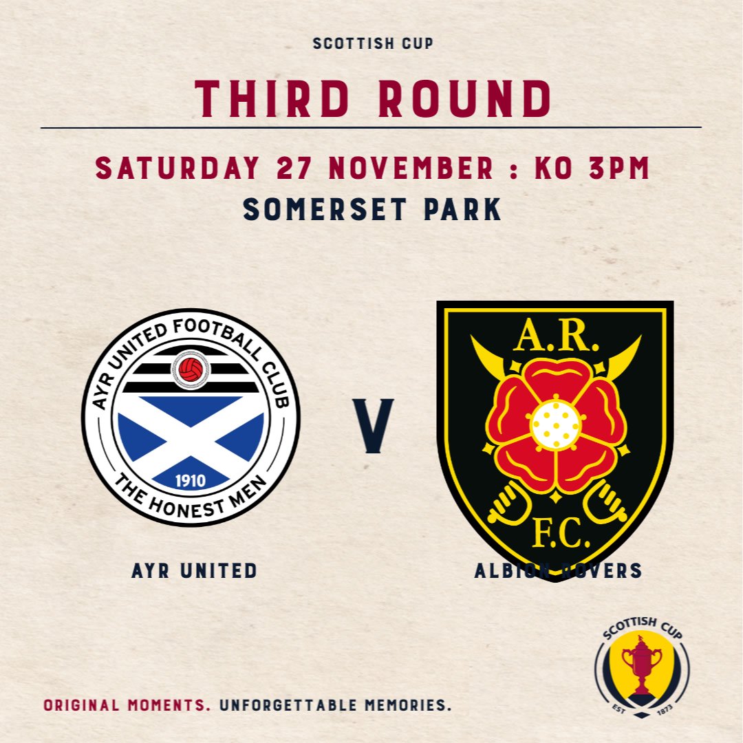 Image showing both club crests and the text, Scottish Cup Third Round, Sat 27th Nov. KO 3 pm at Somerset Park