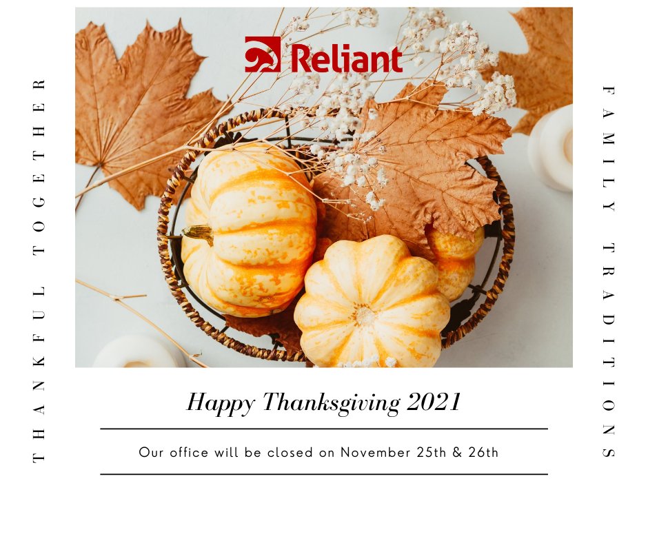 RamReliant's tweet photo. With Thanksgiving quickly approaching, Reliant would like to remind everyone that our office will be closed this Thursday &amp; Friday, November 25th &amp; 26th. Happy Holidays!

#reliant #reliantpayment #thanksgiving #payments #paymentprocessing #debtrelief #debtsettlement https://t.co/k8XP41IK0j