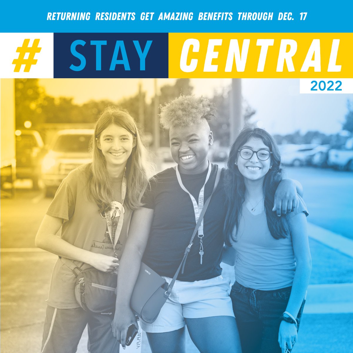 Today’s the day! Now through Dec. 17, returning residents choosing to #StayCentral can renew in any room on campus for 2022-2023, and qualify for free housing! 

Apply today at UCO.edu/livecentral! or at the link in our bio!