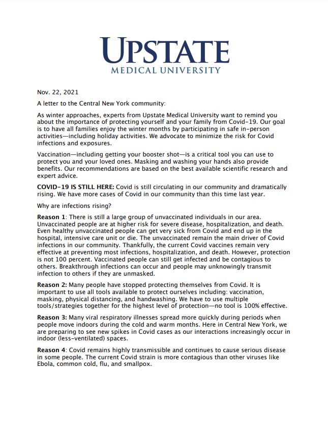 AndrewDonovan's tweet photo. JUST IN: A team of Upstate Medical University doctors and experts have just issued a letter to their community, pleading with people to get vaccinated and wear masks as the holiday season and winter begins. https://t.co/FtjuEVYBrS