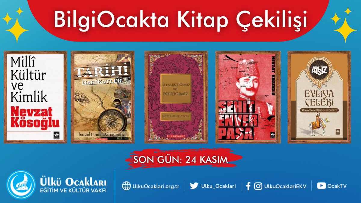#BilgiOcakta Eğitim platformu olarak 24 Kasım Öğretmenler Günü kapsamında çekiliş düzenliyoruz. 
Görselde yer alan 5 eseri 24 takipçimize hediye ediyoruz.

Katılım şartları👇
1) Sayfamızı (<a href="/bilgiocakta/">Bilgi Ocakta</a>) takip etmek.
2) Gönderiyi RT etmek.

Sonuçlar 25 Kasım’da açıklanacaktır.
