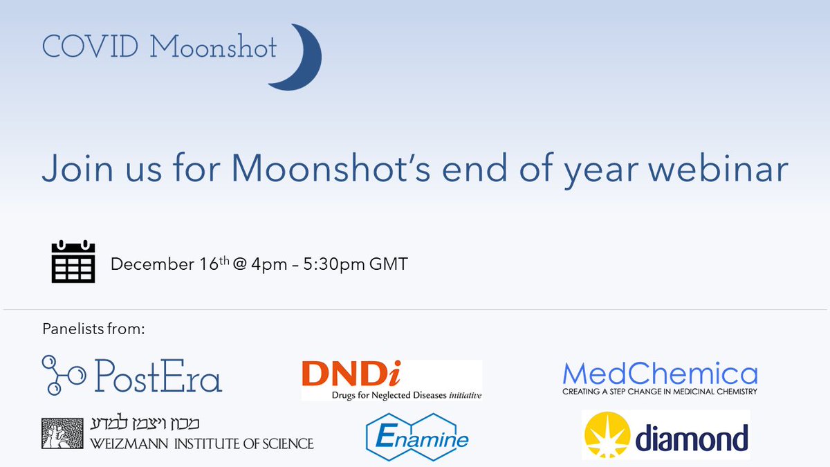 Everyone seemed to love last year's end of year wrap, so we've decided to do it again.

Come join us for Moonshot's 2021 end of year webinar!

Registration: us02web.zoom.us/meeting/regist…

<a href="/PostEra_AI/">PostEra</a> <a href="/london_lab/">London Lab</a> <a href="/MedChemica/">MedChemica</a> <a href="/FrankvonDelft/">Frank von Delft</a> <a href="/jchodera/">John Chodera (he/him)</a> <a href="/MrBenGP/">Ben Perry</a> <a href="/DNDi/">Drugs for Neglected Diseases initiative</a> <a href="/EnamineLtd/">Enamine Ltd 🇺🇦</a>