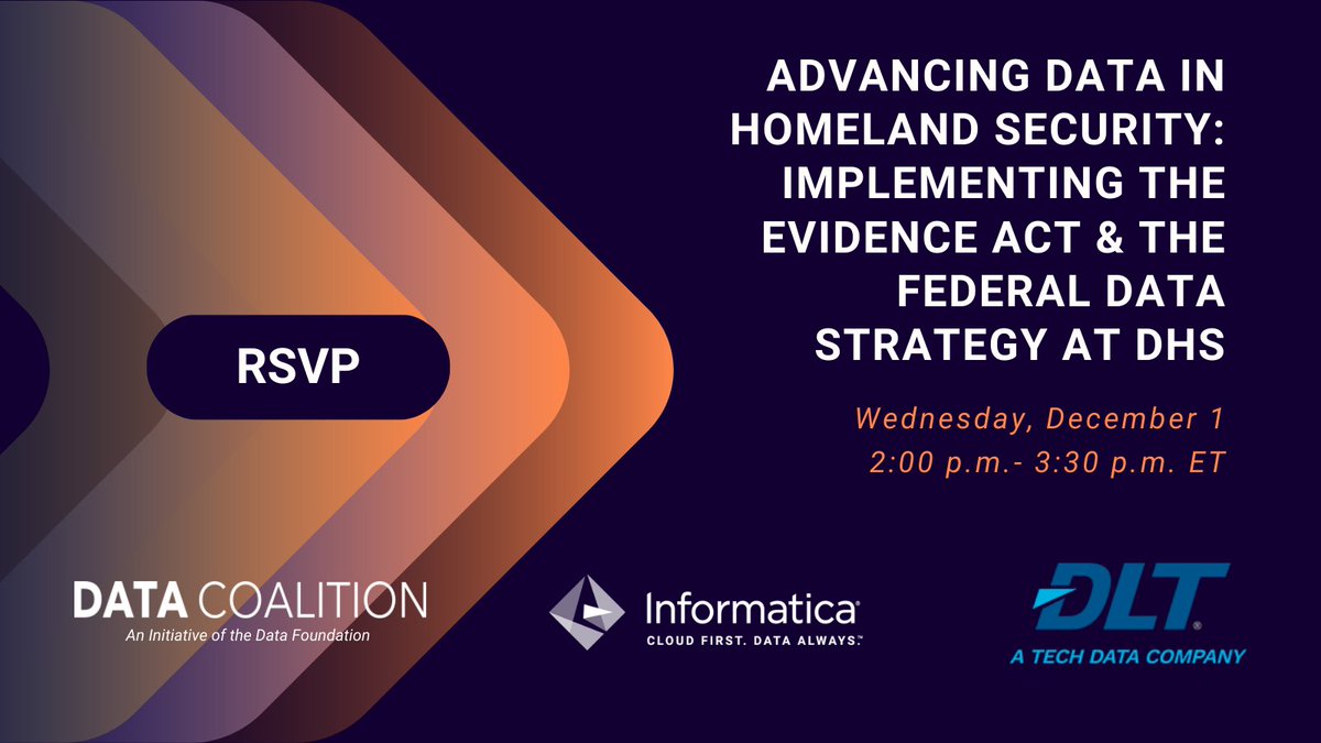TD_SYNNEX_PS's tweet image. DLT invites you to join us with @Informatica and @DataCoalition for a webinar to discuss the changes being implemented to make government data more accessible for decision-making within DHS.   #DHS #FederalDataStrategy #EvidenceAct #advancingdata register.gotowebinar.com/register/27467…