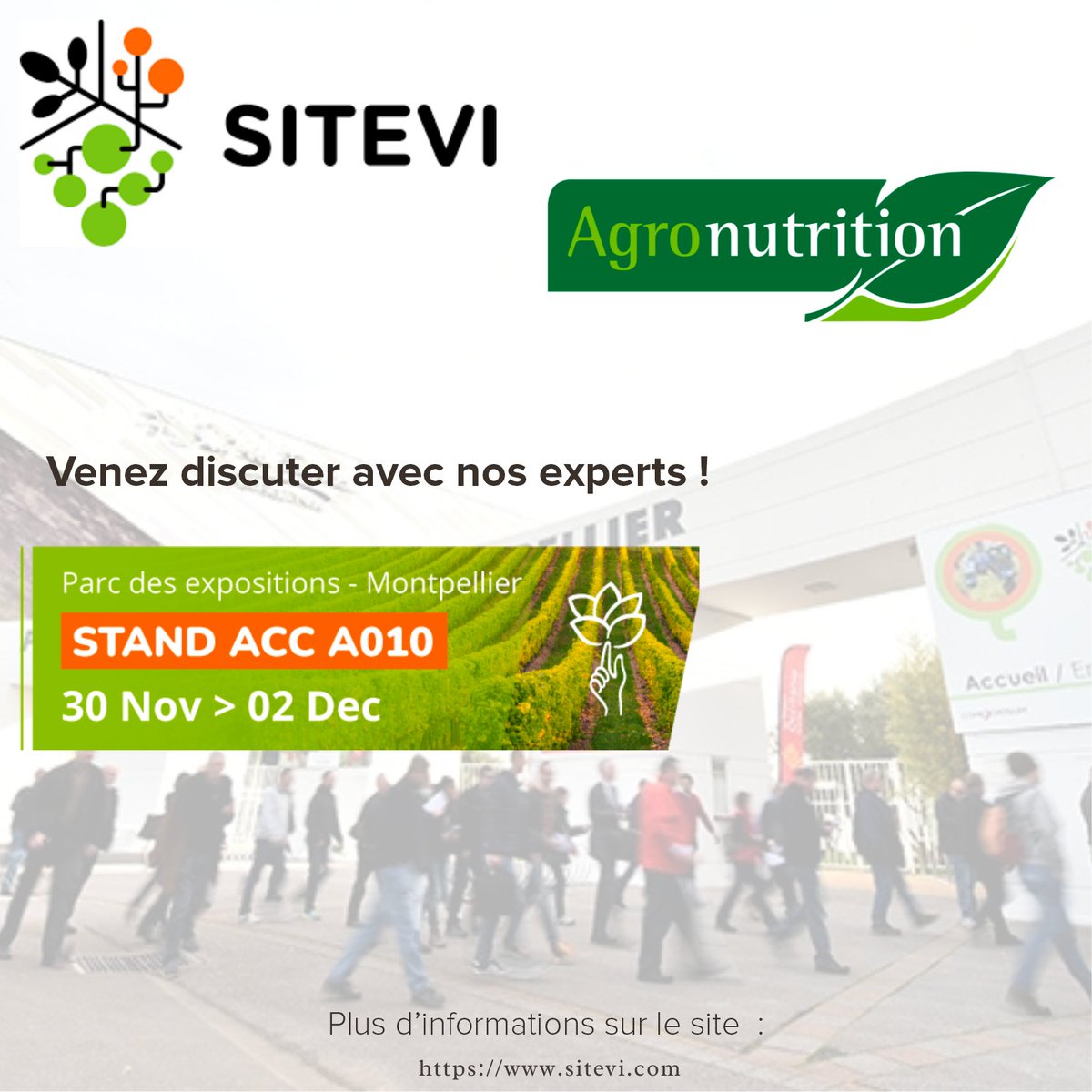 📆AGRONUTRITION sera au <a href="/SITEVI/">Taylor</a>
 du 30 novembre au 2 décembre 2021 au Parc des Expositions de Montpellier
📍Retrouvez nos experts au STAND ACCA010
👉Nos spécialistes seront là pour vous écouter et échanger sur nos solutions pour activer la vie du #sol et sur nos #biosolutions