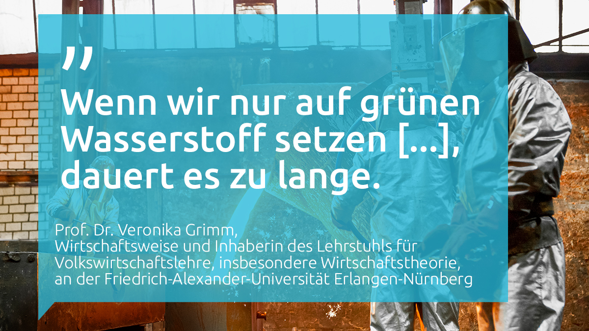 Zitat von Porof. Dr. Veronika Grimm, Wirtschaftsweise und Inhaberin des Lehrstuhls für Volkswirtschaftslehre, insbesondere Wirtschaftstheorie an der Friedrich-Alexander-Universität Erlangen-Nürnberg:"Wenn wir nur auf grünen Wasserstoff setzen, dauert es zu lange"