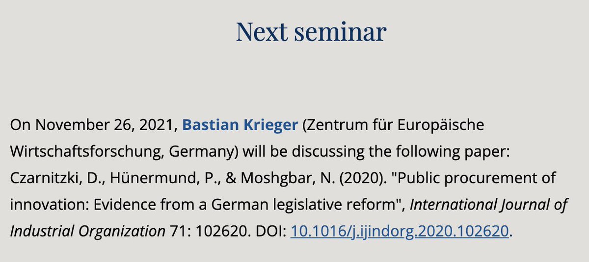 gderasse's tweet photo. @BastianKrieger is the next #REGIS speaker and represents 🇩🇪. 

He will discuss Czarnitzki/@PHuenermund/@nimoshg paper in #IJIO on public #procurement of #innovation exploiting a legislative reform in Germany.

🗓️ Friday, Nov. 26 at 12.30 CET
➡️ https://t.co/kEy5bScCga https://t.co/K1hkCfP1NX