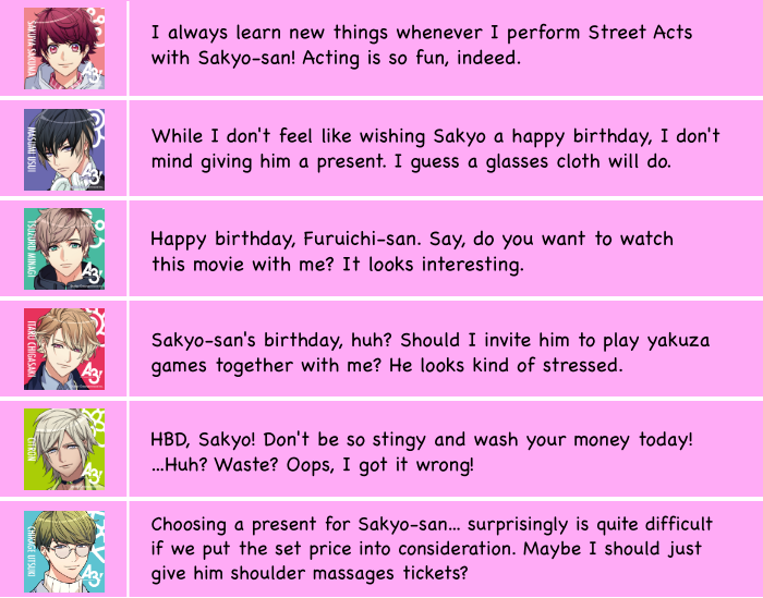 chocoujis's tweet photo. 👓HAPPY BIRTHDAY SAKYO👓
Here's the translation for the boys' home lines https://t.co/yLIkOvgxsk