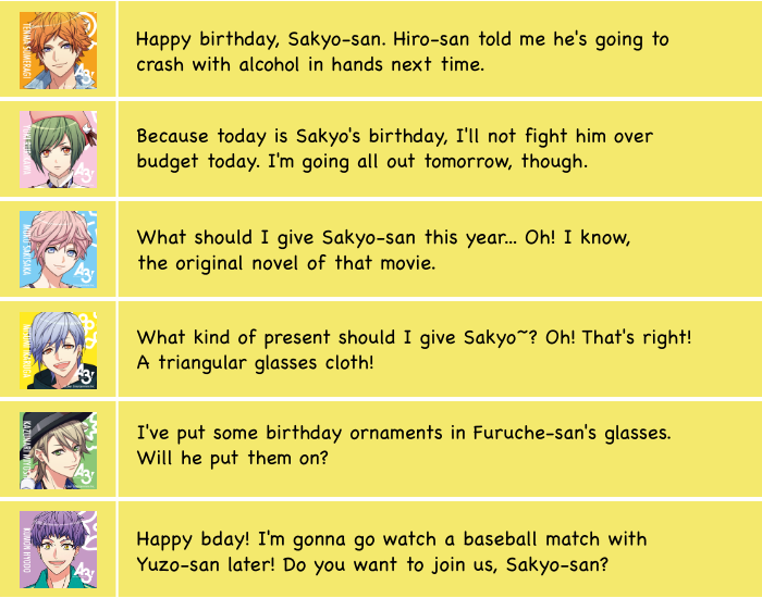 chocoujis's tweet photo. 👓HAPPY BIRTHDAY SAKYO👓
Here's the translation for the boys' home lines https://t.co/yLIkOvgxsk