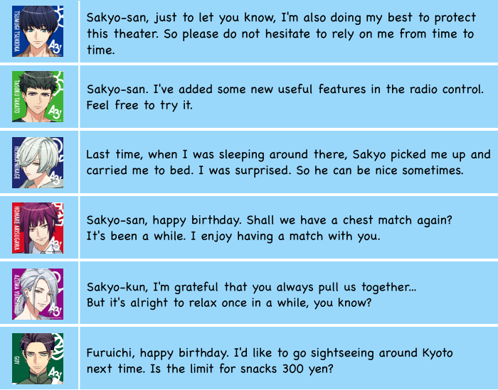 chocoujis's tweet photo. 👓HAPPY BIRTHDAY SAKYO👓
Here's the translation for the boys' home lines https://t.co/yLIkOvgxsk