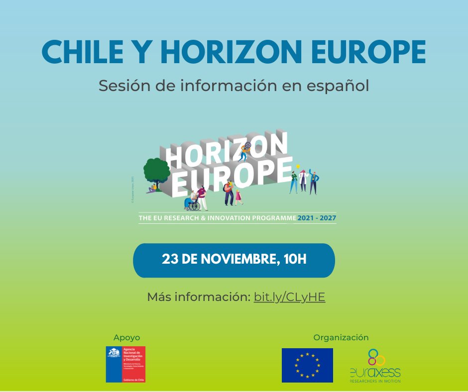 usachinter's tweet photo. ¡Atención investigadores/as #USACH! EURAXESS y la Agencia Nacional de Investigación y Desarrollo de Chile invitan a participar en Horizon Europe, el programa de la Unión Europea para la investigación y la innovación. 

🗓️ Mañana 23 de noviembre
Más ℹ️: https://t.co/icC12kdp6z https://t.co/RcVMsHbAz1