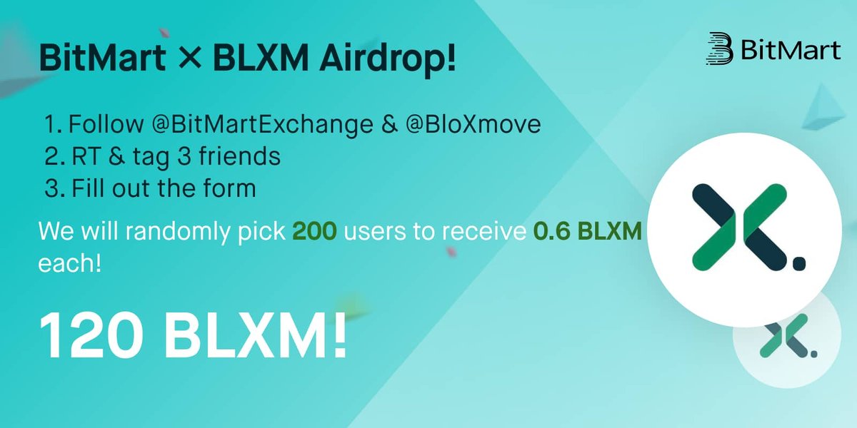 🎉To celebrate <a href="/BloXmove/">bloXmove</a> listing, we’re giving away 120 BLXM!
 
1⃣ Follow <a href="/BitMartExchange/">BitMart</a> &amp; <a href="/BloXmove/">bloXmove</a>
2⃣ RT and tag 3 frds 
3⃣️Fill out: forms.gle/qH8Cu1XqY1nD4B… 
 
✨ 200 lucky winners receive 0.6 BLXM each !
⏰ Enter by 11:59 PM EST Nov 25