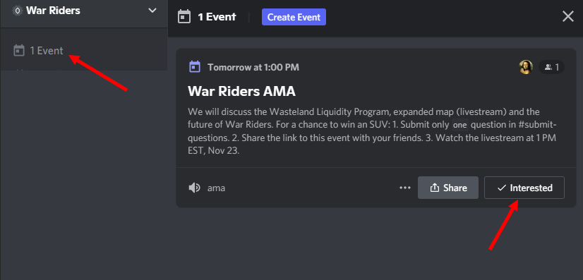 warriders's tweet photo. AMA tomorrow, Nov 23, 1 PM EST in our discord! Click to submit your questions NOW for a chance to win an #NFT SUV: https://t.co/boi7SJ3nTK

✅ Like and retweet
✅ Go to the event and click 'Interested'
✅ Share the link to the event with your friends!

#P2E #blockchaingames $BZN https://t.co/TXiNMWdrSW