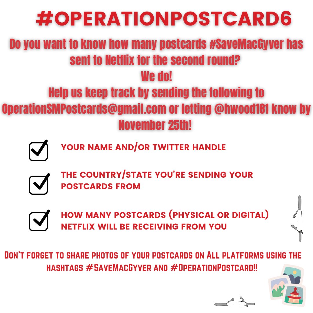 SaveMacGyverHQ's tweet photo. Did you mail and/or email your postcards to Bela at @Netflix? Let us know how many you sent! #SaveMacGyver #OperationPostcard6 https://t.co/DjtB35AnVK