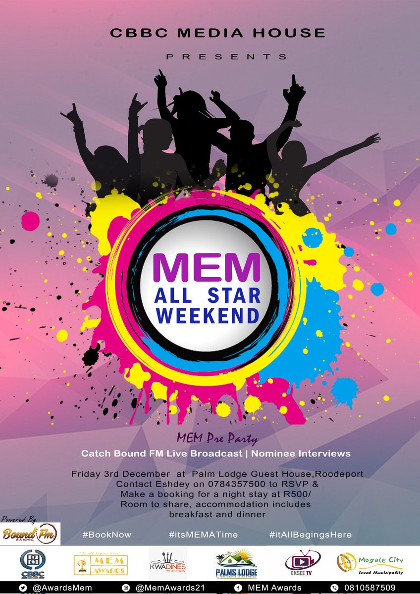 AwardsMem's tweet photo. #MEMAllStarWeekend starts Friday 3rd - Sunday 5th December, at Palm Lodge Guest House in Roodeport. Book your stay on 0784357500 today and stand a chance to win #MEMACouples #HuryOnUp #ItsMEMATime #ItAllBegingsHere

#podcastandchillwithmacg Slik Talk Mayor https://t.co/JWkjeu15Lm