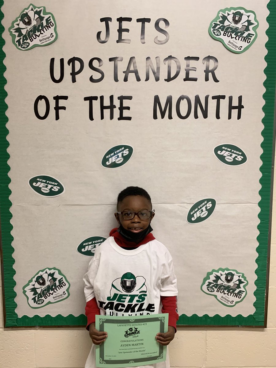 CounselorSaid's tweet photo. Congratulations to our November and December Upstanders of the Month. Lafayette Estates School #25 is very proud. keep up the great work! #JetsTackleBullying @nyjets @STOMPOutBullyng @LoveBethpage  @25Lafayette https://t.co/Ncz9BCnCNj