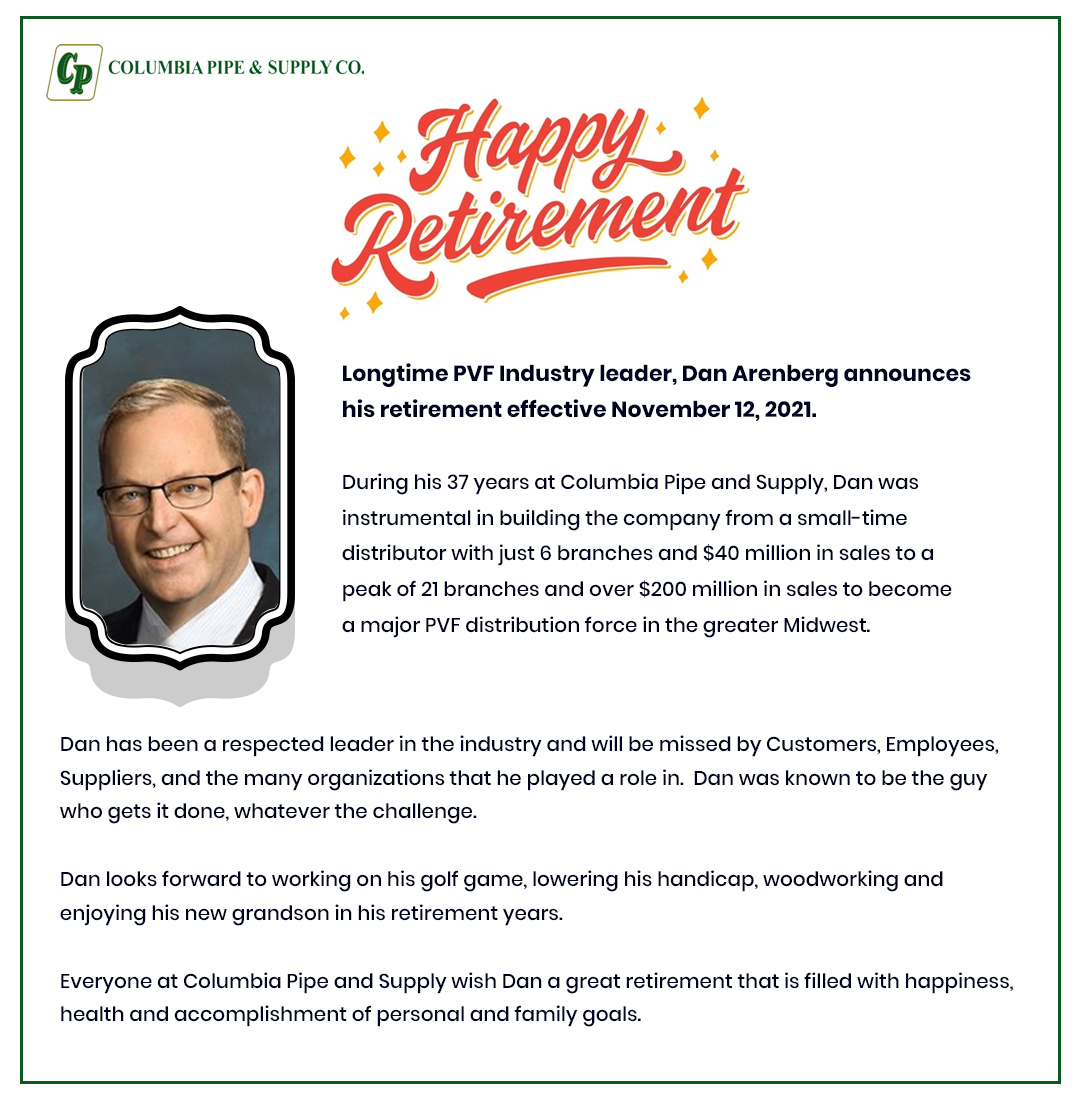 ColumbiaPipeCo's tweet photo. Good Luck Dan Arenberg! #HappyRetirement https://t.co/sWgdgApLyO