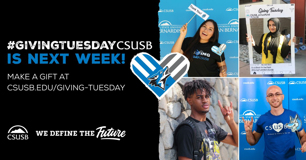 CSUSB_AG's tweet photo. #GivingTuesdayCSUSB is next week! π
Make a collective impact with your #Coyote4Life family on the global day of giving. Support student scholarships at https://t.co/rpn7j9Iw0m. https://t.co/7tOIEyEsM5