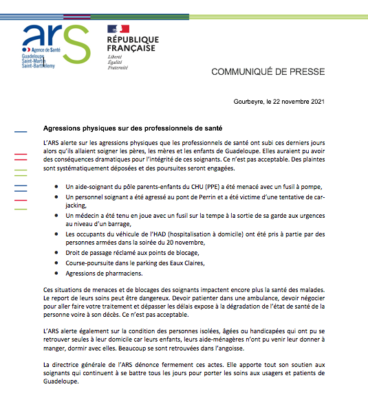 ars_guadeloupe's tweet photo. [ #Communiqué ] 🟥 L’ARS alerte sur les agressions physiques que les professionnels de santé ont subi ces derniers jours alors qu’ils allaient soigner les pères, les mères et les enfants de Gpe. Ce n'est pas acceptable.
Ces situations impactent encore plus la santé des patients. https://t.co/KzSbQlrfFD
