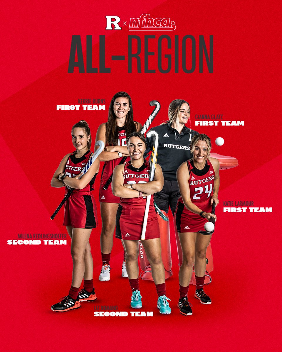 RUFieldHockey's tweet photo. 5️⃣ from #RUFH were named 𝐀𝐥𝐥-𝐑𝐞𝐠𝐢𝐨𝐧!

⚔️ Kerrie Burns, Gianna Glatz, Katie Larmour: First Team
⚔️ Milena Redlingshoefer, Liz Romano: Second Team
⚔️ Ties program record for most all-region selections (most since 1986) 

📰: https://t.co/ZJAR1tbBrN https://t.co/Sic7csFpJj