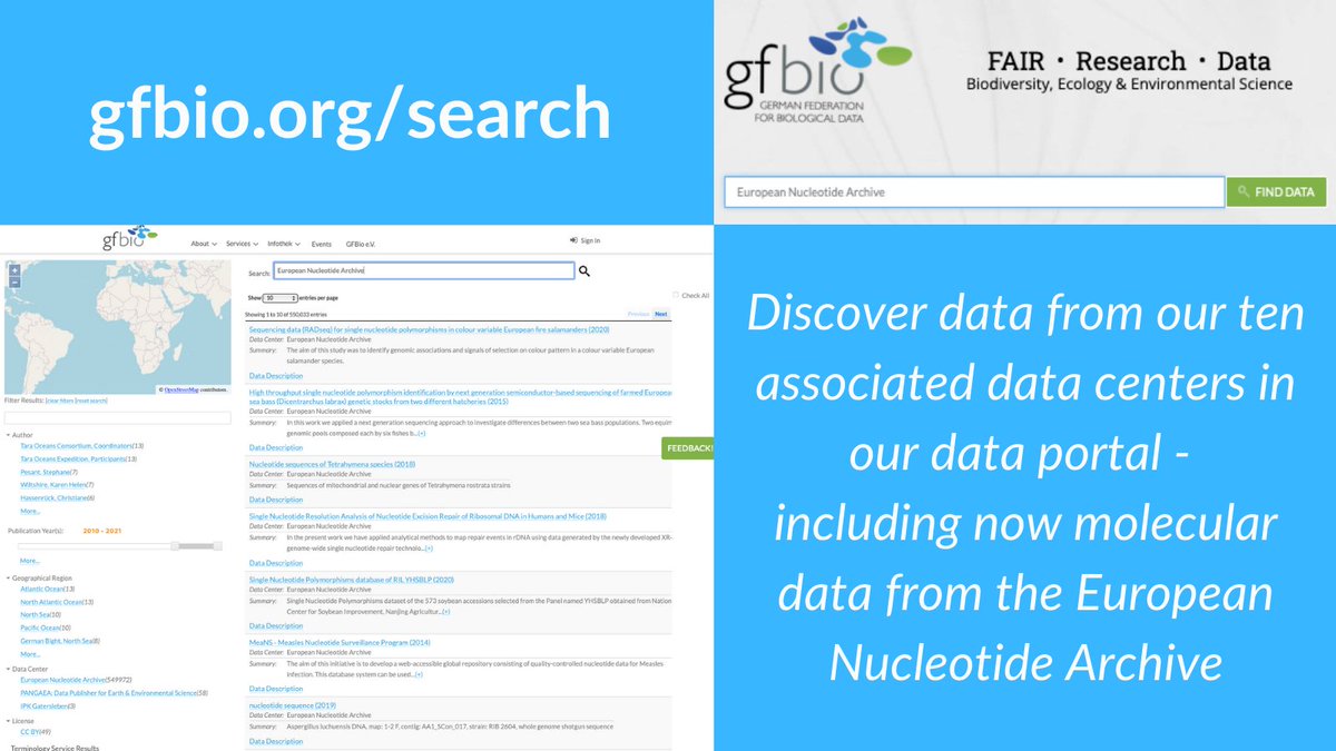 GFBio_eV's tweet photo. Starting the week with good news on #DataDiscovery: #Molecular data from @ENASequence is now findable in the #GFBio data portal, along with data from our other nine asscociated data centers!

https://t.co/ZnT4HlbHCf

#FAIRdata #BioProject #MixS Standard #RDM https://t.co/rZlEOunWIU