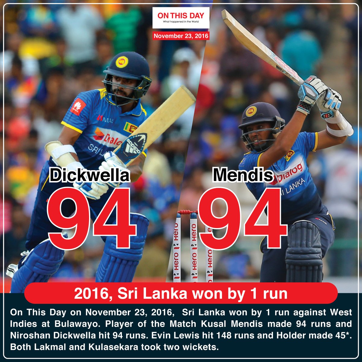 OnThisDayInWor1's tweet photo. #OnThisDay 2016, Sri Lanka won by 1 run
@KusalMendis13 94 runs | @NiroshanDikka 94 runs.
#november #november23 #doyouknow #historytoday #in2016 #5yeasrago #KusalMendis #KusalMendis94 #NiroshanDickwella #NiroshanDickwella94 #SLvsWI #SriLankaVsWestIndies https://t.co/Q7PAKaGaDk