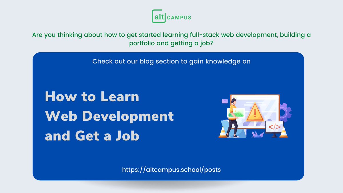 Are you thinking about how to get started learning full-stack web development?

Through our blog posts section, you can gain knowledge on How to Learn Web Development and Get a Job.

Check out our blog section now 👇
altcampus.school/posts

#altcampus #webdevelopment