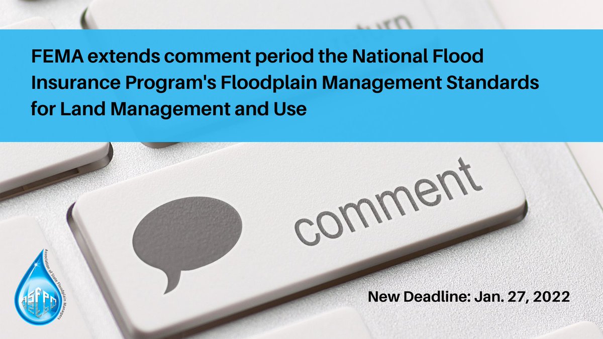 FEMA has extended the deadline for comments on how the NFIP can be strengthened. You now have until Jan. 27. 

To have your comments included in ASFPM’s response, please send them to meg@floods.org by Jan. 12. 

federalregister.gov/documents/2021…