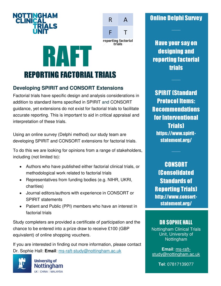 Are you interested in clinical trial methodology?

Do you want to improve the reporting of factorial trials?

Check out our website to take part in an online Delphi survey in January 2022:- 

nctu.ac.uk/other-research… 

#research #clinicaltrials #methodology #NCTU