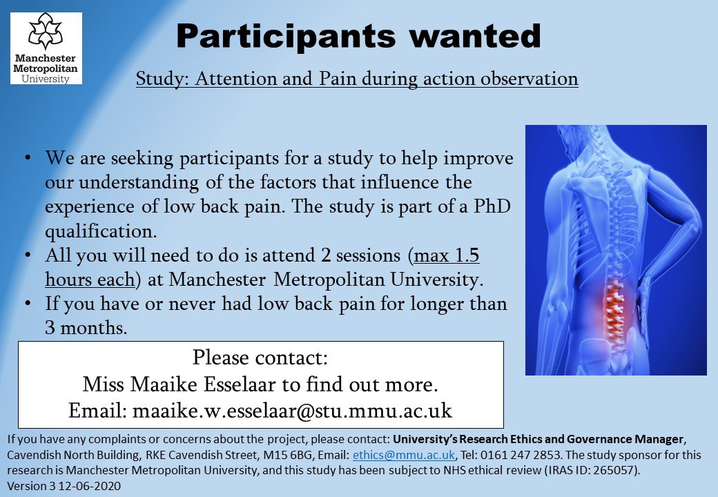EsselaarM's tweet photo. #PhD study about attentional bias within chronic back #pain. Do you have chronic #backpain and want to take part in this study? See the details below ⬇️ or contact me directly!! Also looking for control participants. https://t.co/oz8A6EtDh3