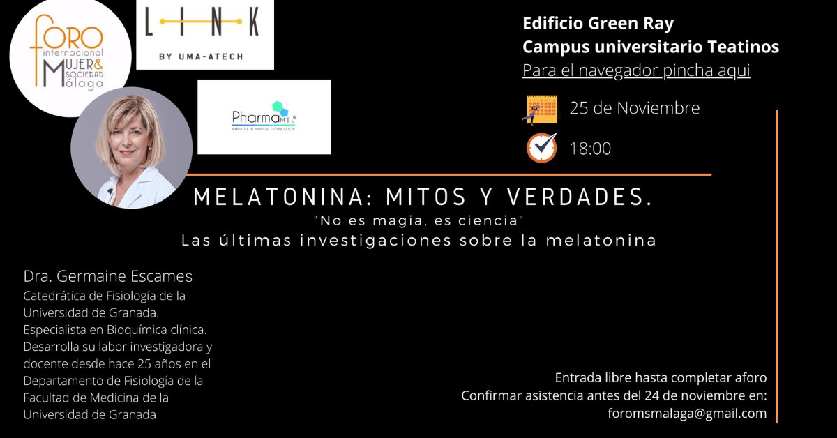 Pharmamel_ES's tweet photo. Nuestra directora científica, la Dra. Germaine Escames, participa en esta jornada en el marco del Foro Internacional Mujer &amp; Sociedad de Málaga, para hablar sobre "Melatonina: mitos y verdades" https://t.co/tifvcg7XOY