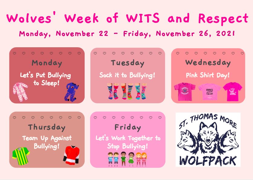 Hey #STMWolfpack a reminder that we kick off our Wolves’ Week of WITS and Respect with PJ Day today🌙⭐️ 

Check out the schedule below to see what’s happening each day this week!🗓 #BullyingAwarenessWeek
#KindnessMatters #ocsbKindness #ocsbBeCommunity <a href="/ThomasMoreOCSB/">St. Thomas More School</a>