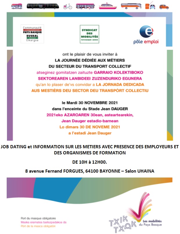📢 La <a href="/CommunautePB/">CommunautéPaysBasque</a> organise #AvecPoleEmploi une journée dédiée aux métiers du #transport_en_commun 🚌🚐🚕
ℹ RDV le 30 novembre 2021 au stade Jean Dauger 🏉 de #Bayonne pour un #JobDating avec présence des organismes de formation et 14 employeurs du #PaysBasque et du Sud #Landes