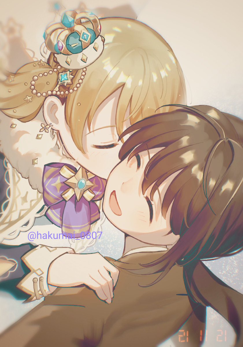 closed eyes multiple girls crown 2girls blonde hair low ponytail yuri  illustration images