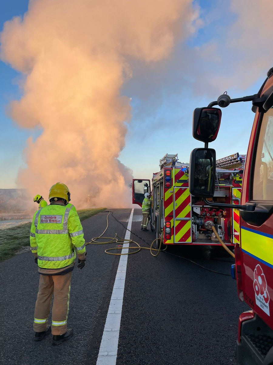 Early and frosty start to a lorry fire on the M74 south of Eaglesfield.
