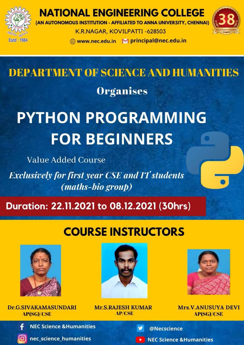 NecScience's tweet photo. #NEC #Python #beginners #freshmanengineering #Onlineclasses
@componec https://t.co/I4F09agfYR