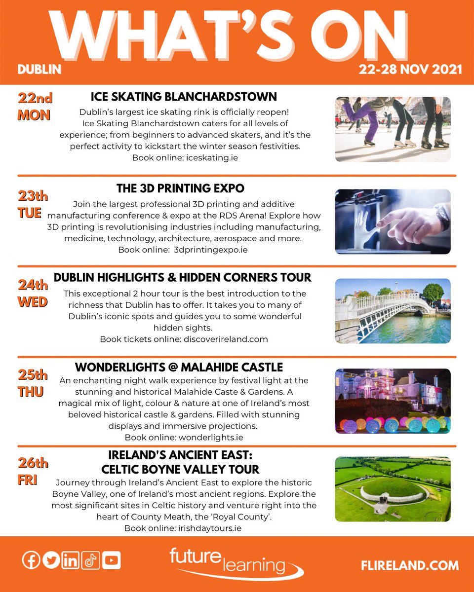 flireland's tweet photo. Happy Monday!
Looking for something to do in Dublin this week?
Check out our top picks!
#whatsonweekly #socialprogramme #FLsocialprogramme #weeklyguide #whatsonindublin #keepdiscovering #loveireland #ireland #dublin #foreignexchange #edutwitter #studyinireland #irish #events https://t.co/A5ZubVEfc9