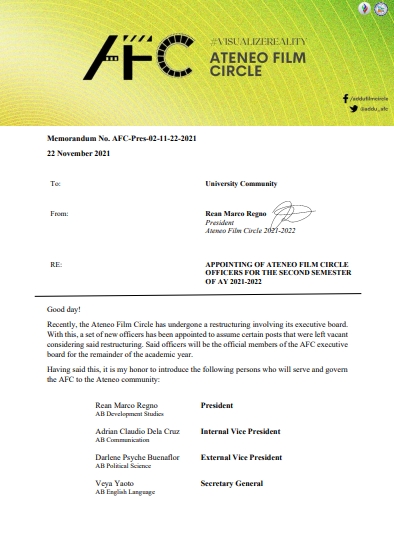 addu_afc's tweet photo. ATTENTION| Memorandum No. AFC-Pres-02-11-22-2021
The Ateneo Film Circle has released a memorandum appointing the following officers for the Second Semester of AY 2021-2021. Their term officially begins today, November 22, 2021.
For widest dissemination. AMDG!
#VisualizeReality https://t.co/cjrkh29Mb9