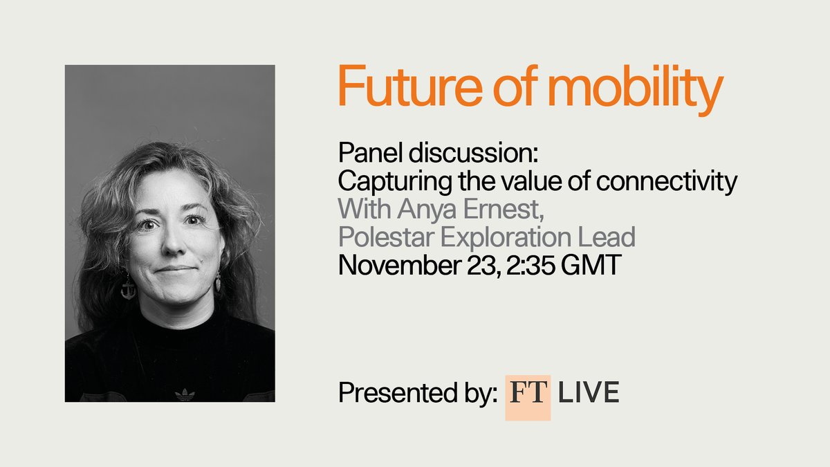 Tomorrow at 2:35 GMT, Polestar’s Anya Ernest will join the @FTlive Future of Mobility Summit to discuss connectivity as a unifying feature of sustainable, modern mobility. Register to join here:
bit.ly/3E8xZh8 #FTMobility